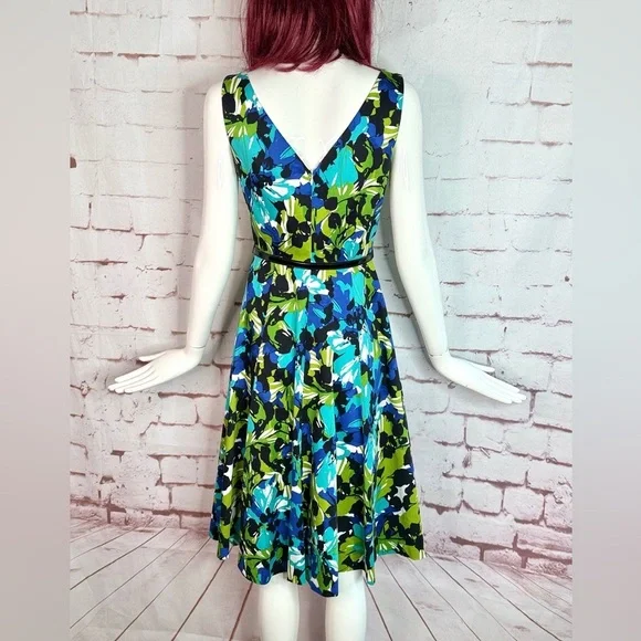 DAVID MEISTER Belted Fit & Flare Blue Green Floral Cocktail Party Dress Size 2 - Picture 7 of 16